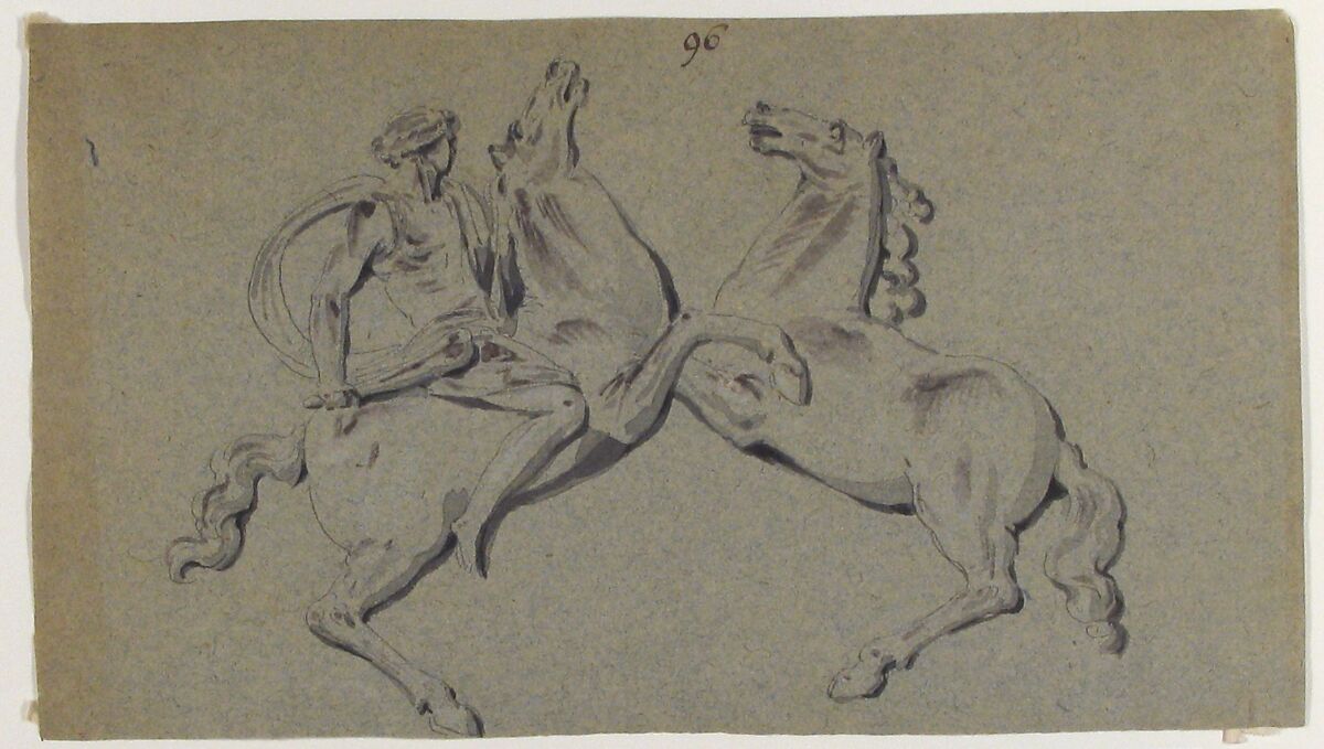 Rider and Horse in Battle Scene, Anonymous, French, 18th century, Pen and black ink, brush and black wash on blue paper 