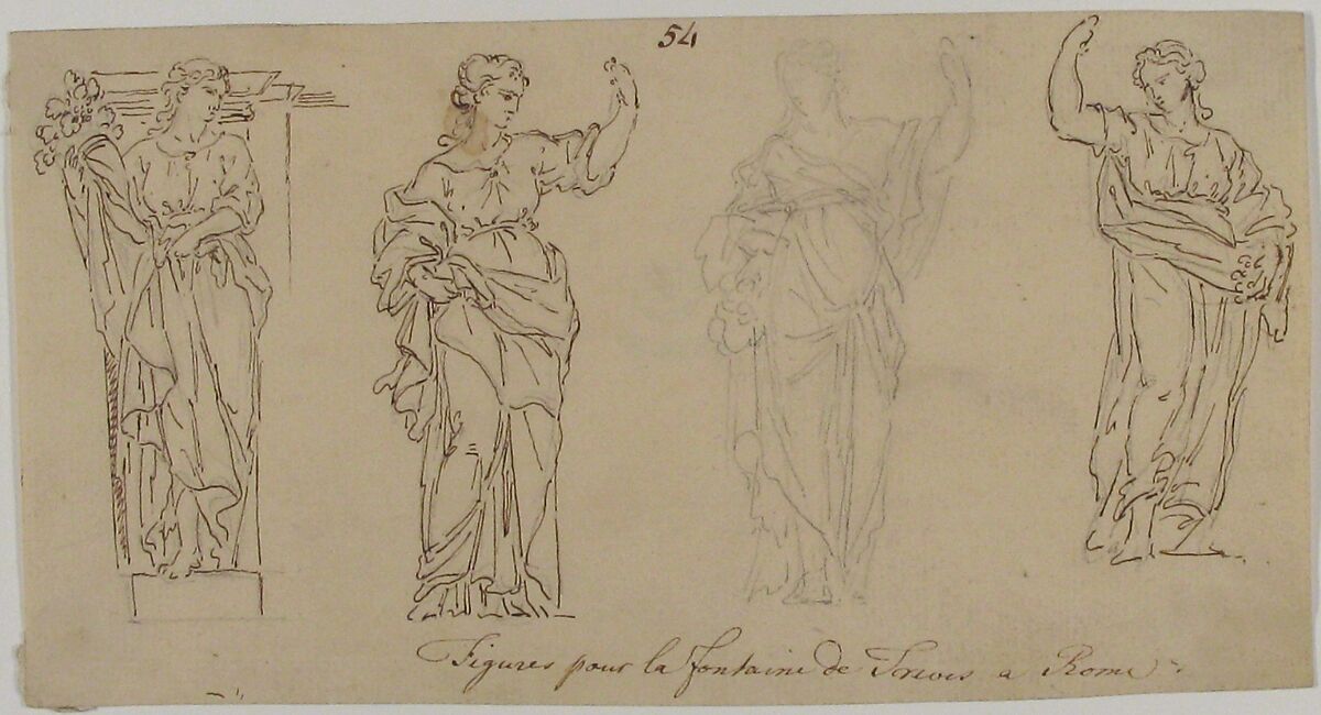 Design for Female Figures for the Trevi Fountain, Anonymous, French, 18th century, Graphite, pen and brown ink