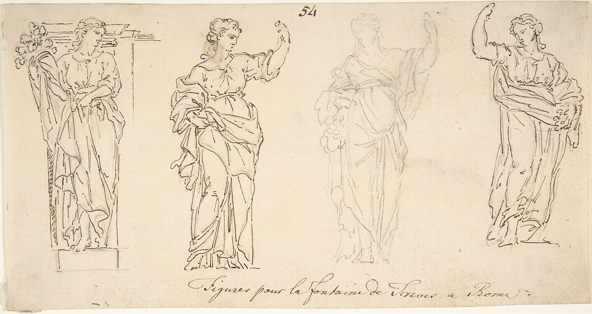 Design for Female Figures for the Trevi Fountain, Anonymous, French, 18th century, Graphite, pen and brown ink 