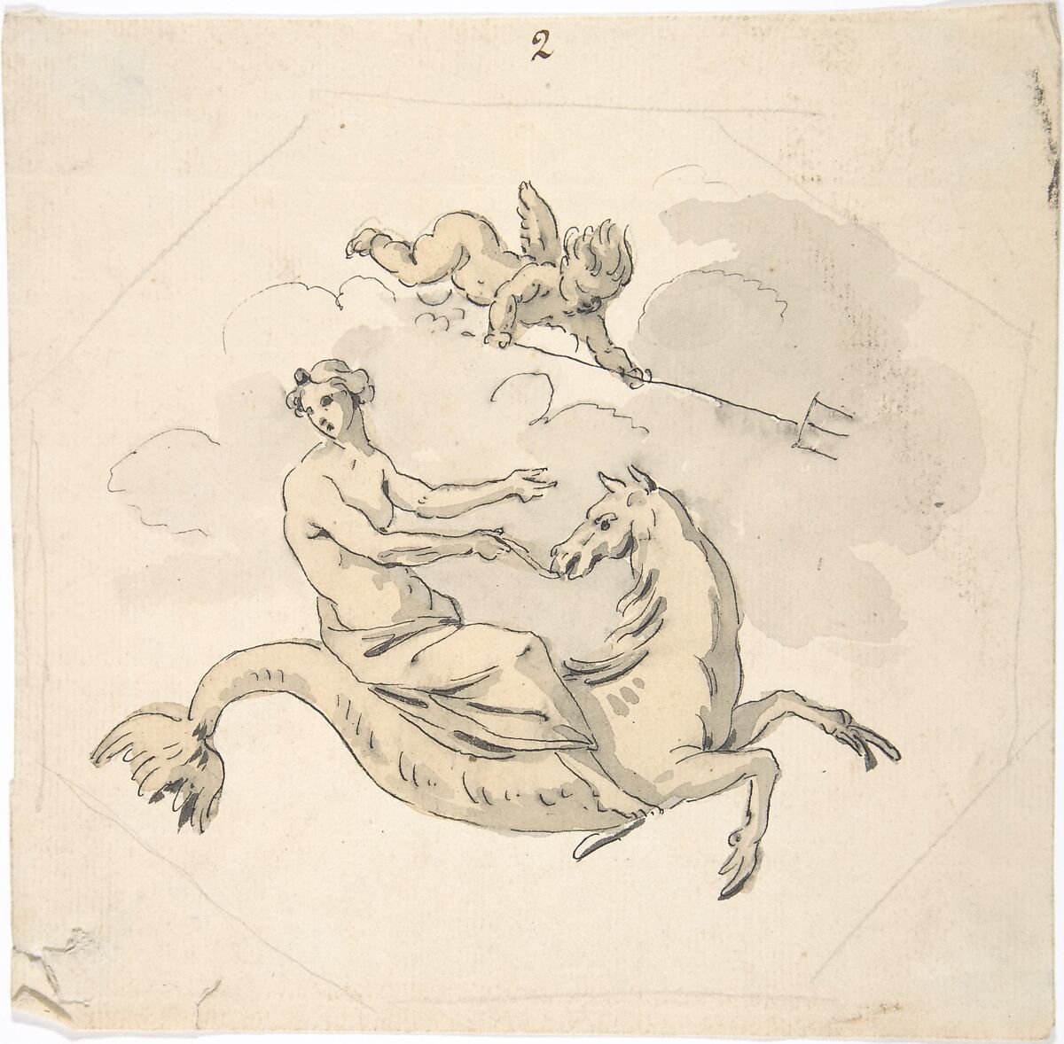 Ceiling Design of a Nereid Mounted on a Hippocamp with Putto, Anonymous, French, 18th century, Graphite, pen and black ink, brush and brown and gray wash.  Framing lines in graphite. 