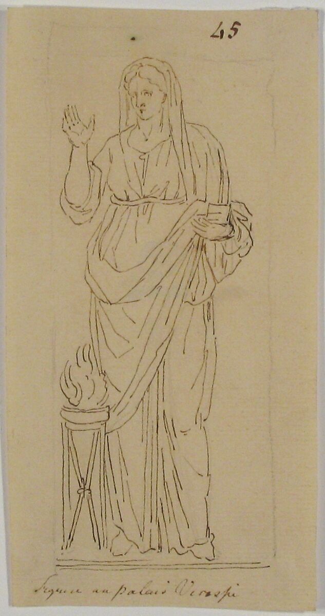 Female Figure with Tripod, Anonymous, French, 18th century, Graphite, pen and brown ink; framing lines in graphite