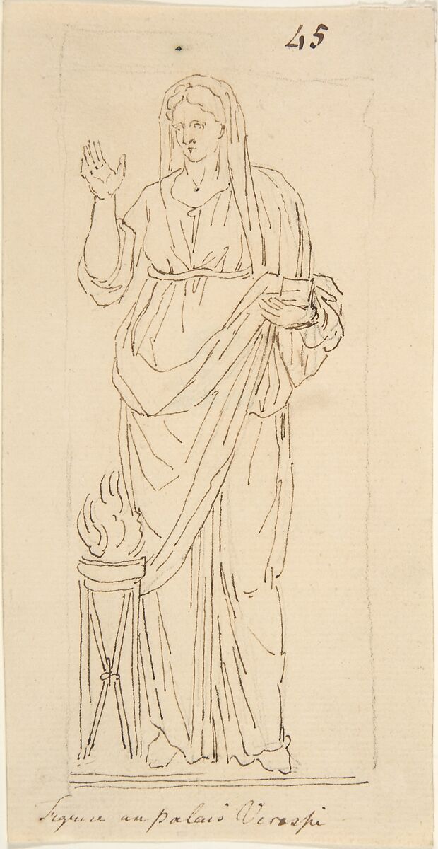 Female Figure with Tripod, Anonymous, French, 18th century, Graphite, pen and brown ink; framing lines in graphite 