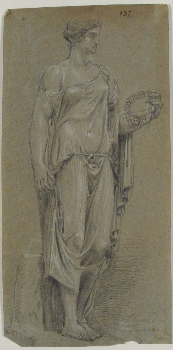 Statue of Flora from Farnese, Anonymous, French, 18th century, Black chalk with white heightening on blue paper. 