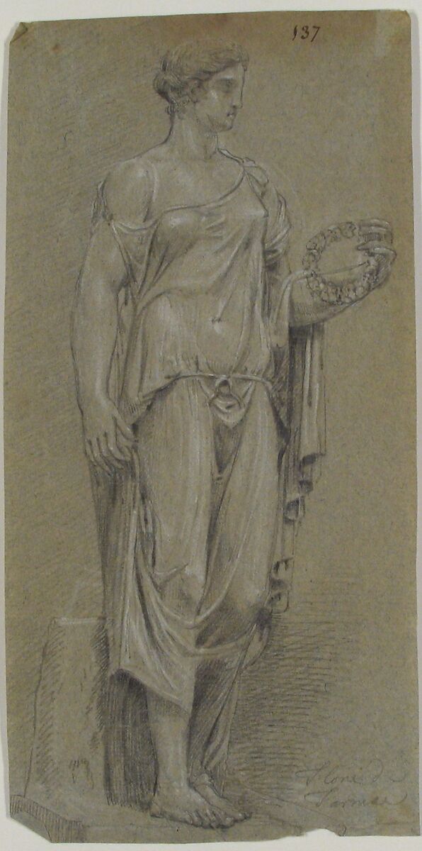 Statue of Flora from Farnese, Anonymous, French, 18th century, Black chalk with white heightening on blue paper 