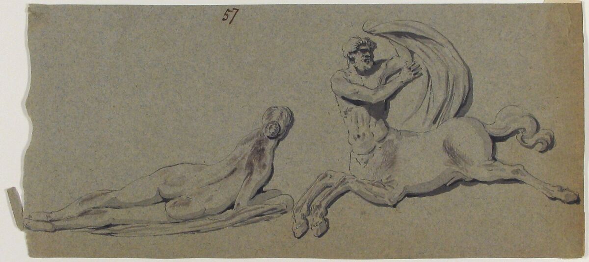 Reclining Nymph and Centaur, Anonymous, French, 18th century, Pen and black ink, brush and gray wash on blue paper 