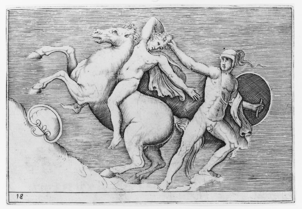 Warrior Pulling a Rider from His Horse, from "Ex Antiquis Cameorum et Gemmae Delineata/ Liber Secundus/et ab Enea Vico Parmen Incis", Anonymous, Italian, 16th century, Engraving