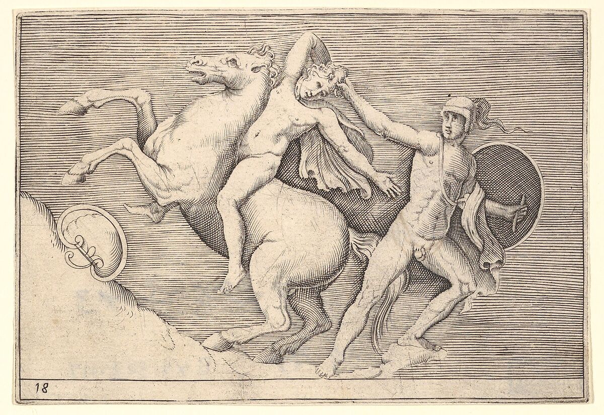 Warrior Pulling a Rider from His Horse, from "Ex Antiquis Cameorum et Gemmae Delineata/ Liber Secundus/et ab Enea Vico Parmen Incis", Anonymous, Italian, 16th century, Engraving 