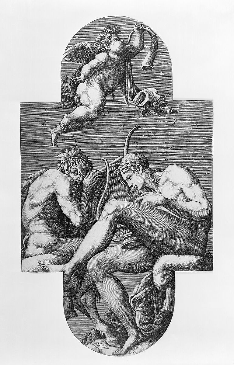 Apollo, Pan, and a putto blowing a horn,  from a series of eight compositions after Francesco Primaticcio's designs for the ceiling of the Ulysses Gallery (destroyed 1738-39) at Fontainebleau, Giorgio Ghisi (Italian, Mantua ca. 1520–1582 Mantua), Engraving