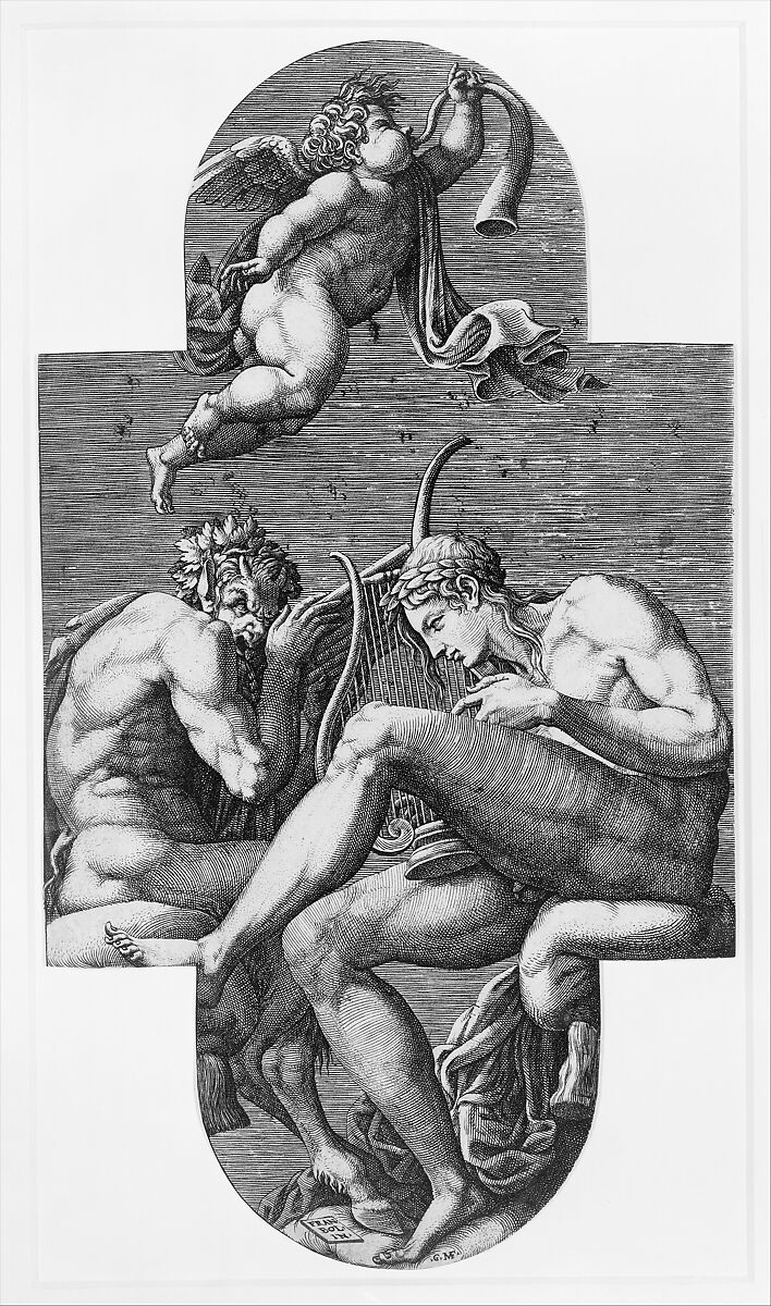 Apollo, Pan, and a putto blowing a horn,  from a series of eight compositions after Francesco Primaticcio's designs for the ceiling of the Ulysses Gallery (destroyed 1738-39) at Fontainebleau, Giorgio Ghisi (Italian, Mantua ca. 1520–1582 Mantua), Engraving