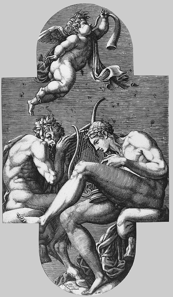 Apollo, Pan, and a putto blowing a horn,  from a series of eight compositions after Francesco Primaticcio's designs for the ceiling of the Ulysses Gallery (destroyed 1738-39) at Fontainebleau, Giorgio Ghisi (Italian, Mantua ca. 1520–1582 Mantua), Engraving
