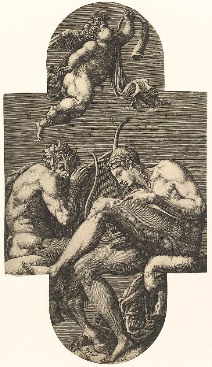 Apollo, Pan, and a putto blowing a horn,  from a series of eight compositions after Francesco Primaticcio's designs for the ceiling of the Ulysses Gallery (destroyed 1738-39) at Fontainebleau