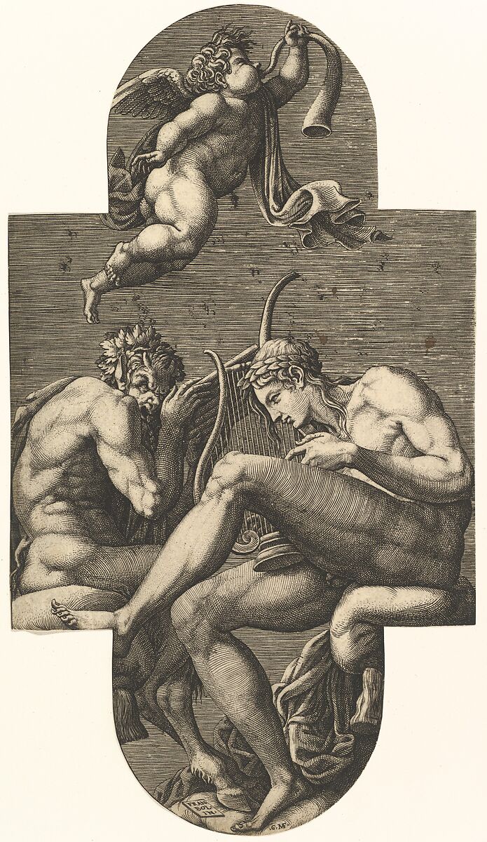 Apollo, Pan, and a putto blowing a horn,  from a series of eight compositions after Francesco Primaticcio's designs for the ceiling of the Ulysses Gallery (destroyed 1738-39) at Fontainebleau, Giorgio Ghisi  Italian, Engraving