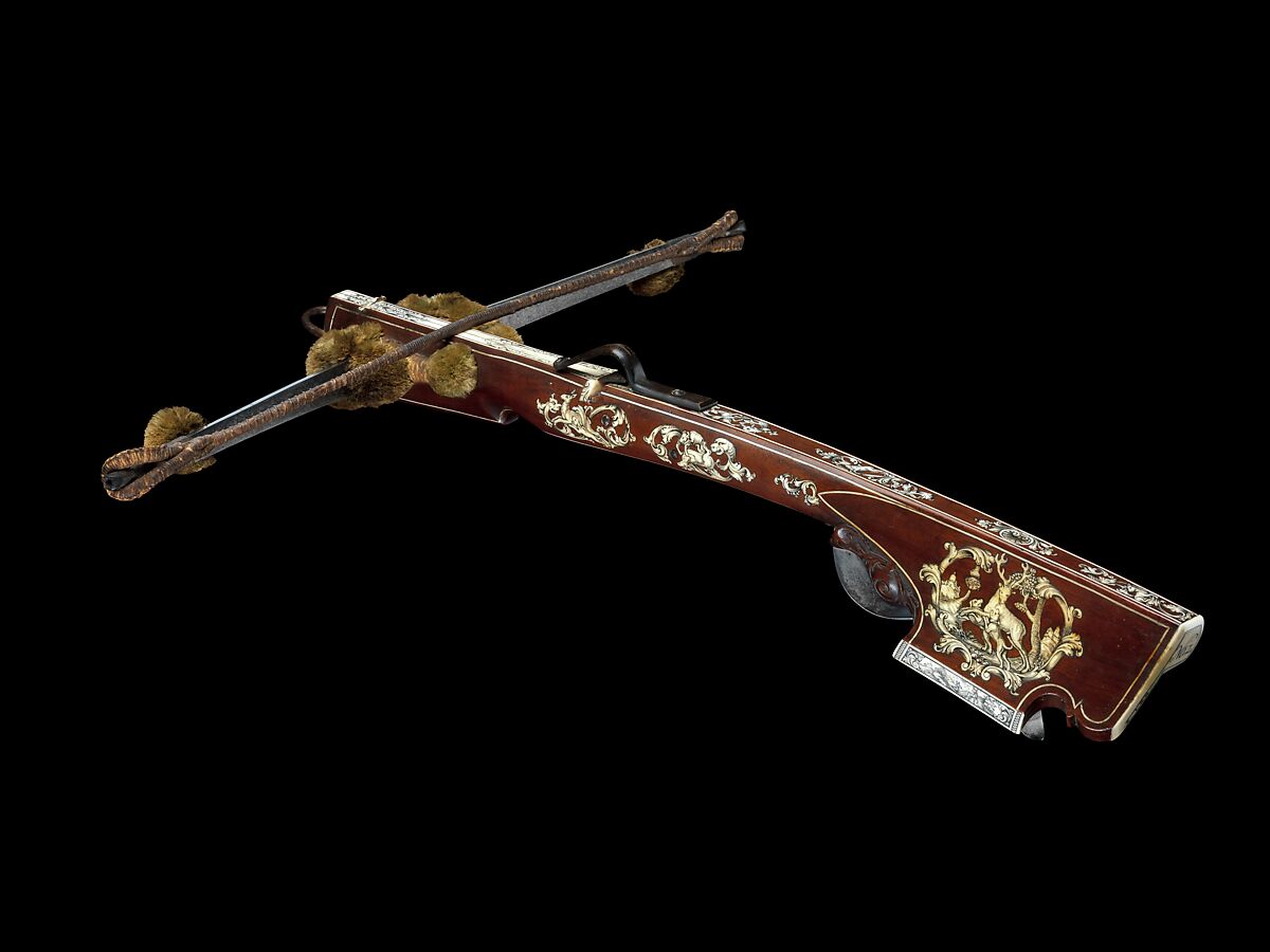 Small Crossbow (Schnepper), Probably for a Woman or Child, Johann Gottfried Hänisch the Elder (German, Dresden, 1696–1778), Steel, wood (fruitwood, probably plum or cherry), staghorn, hemp, wool, gold, horn, German, Dresden 