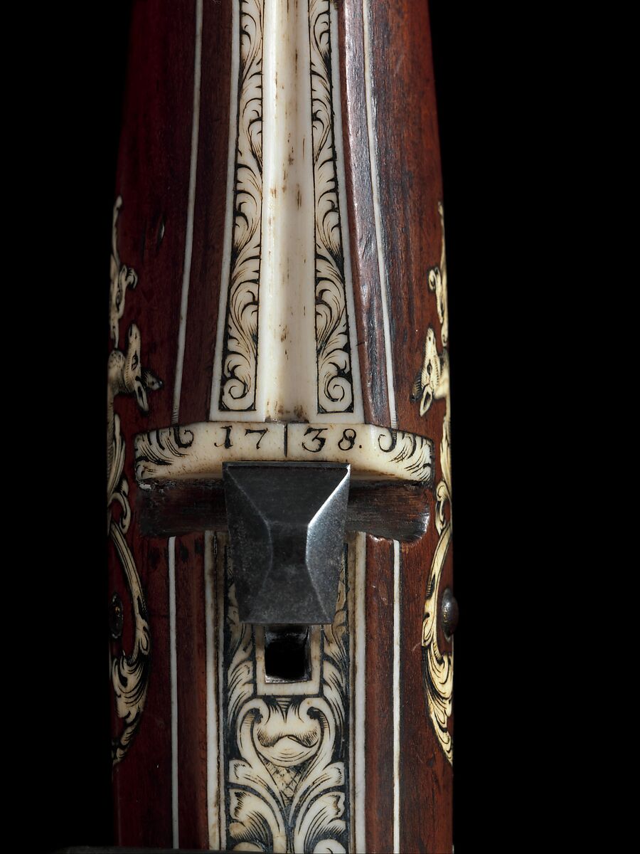 Small Crossbow (Schnepper), Probably for a Woman or Child, Johann Gottfried Hänisch the Elder (German, Dresden, 1696–1778), Steel, wood (fruitwood, probably plum or cherry), staghorn, hemp, wool, gold, horn, German, Dresden