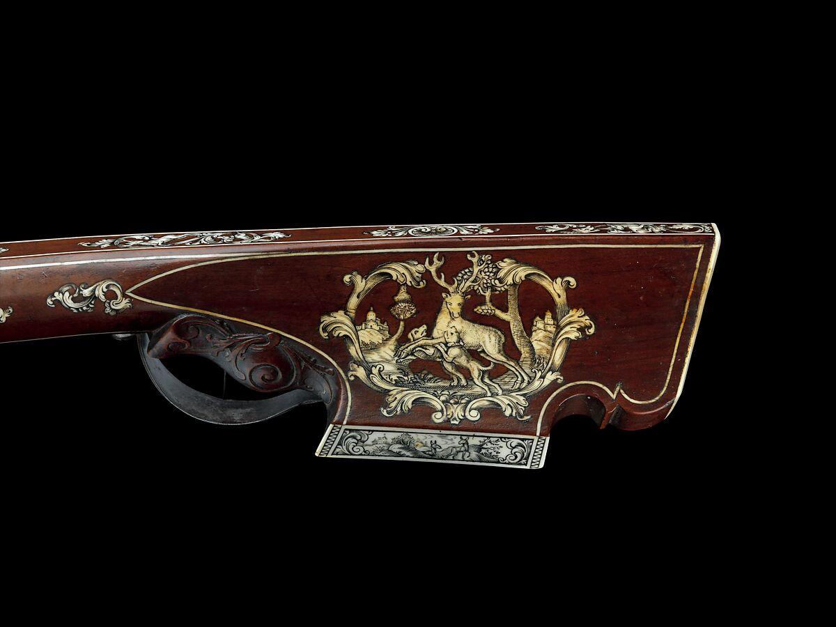 Small Crossbow (Schnepper), Probably for a Woman or Child, Johann Gottfried Hänisch the Elder (German, Dresden, 1696–1778), Steel, wood (fruitwood, probably plum or cherry), staghorn, hemp, wool, gold, horn, German, Dresden