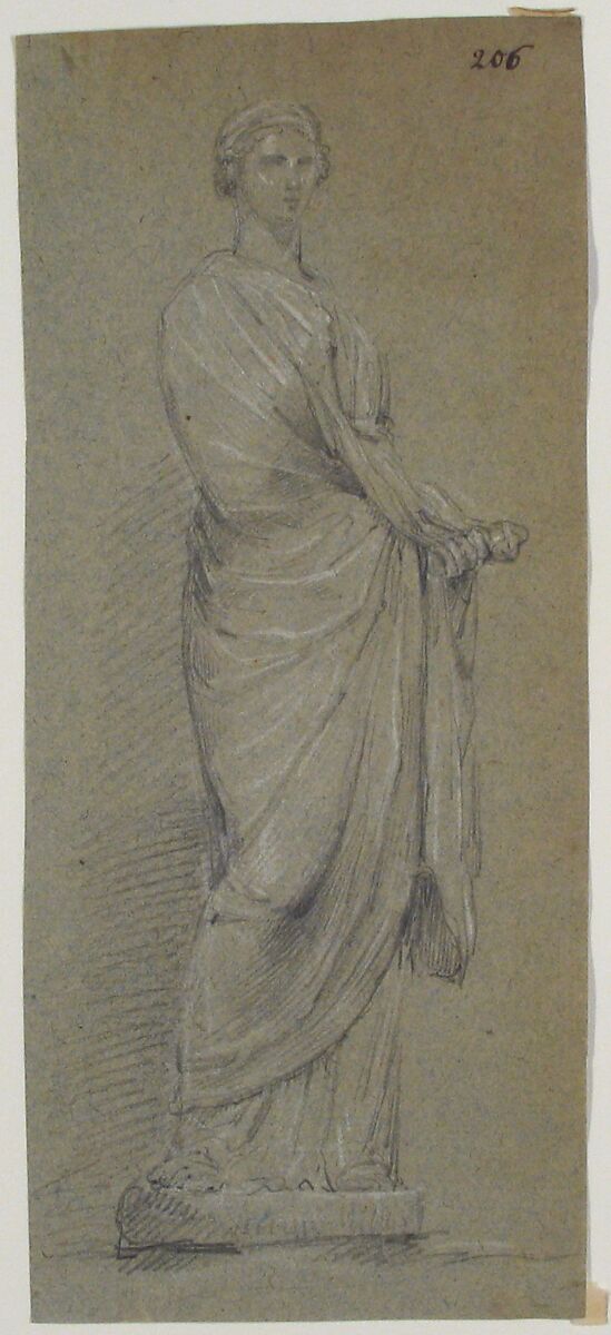 Drawing of Female Statue, Anonymous, French, 18th century, Black chalk, heightened with white, on blue paper. 