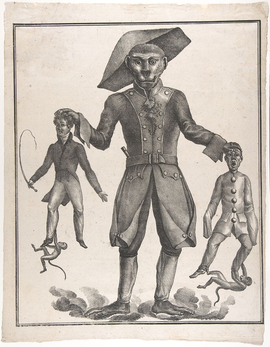 A Giant Monkey in Uniform Holding up Pierrot and a Man with a Whip, Anonymous, French, Austrian or German, second decade19th century ?, Lithograph touched with pen and brown ink and graphite 