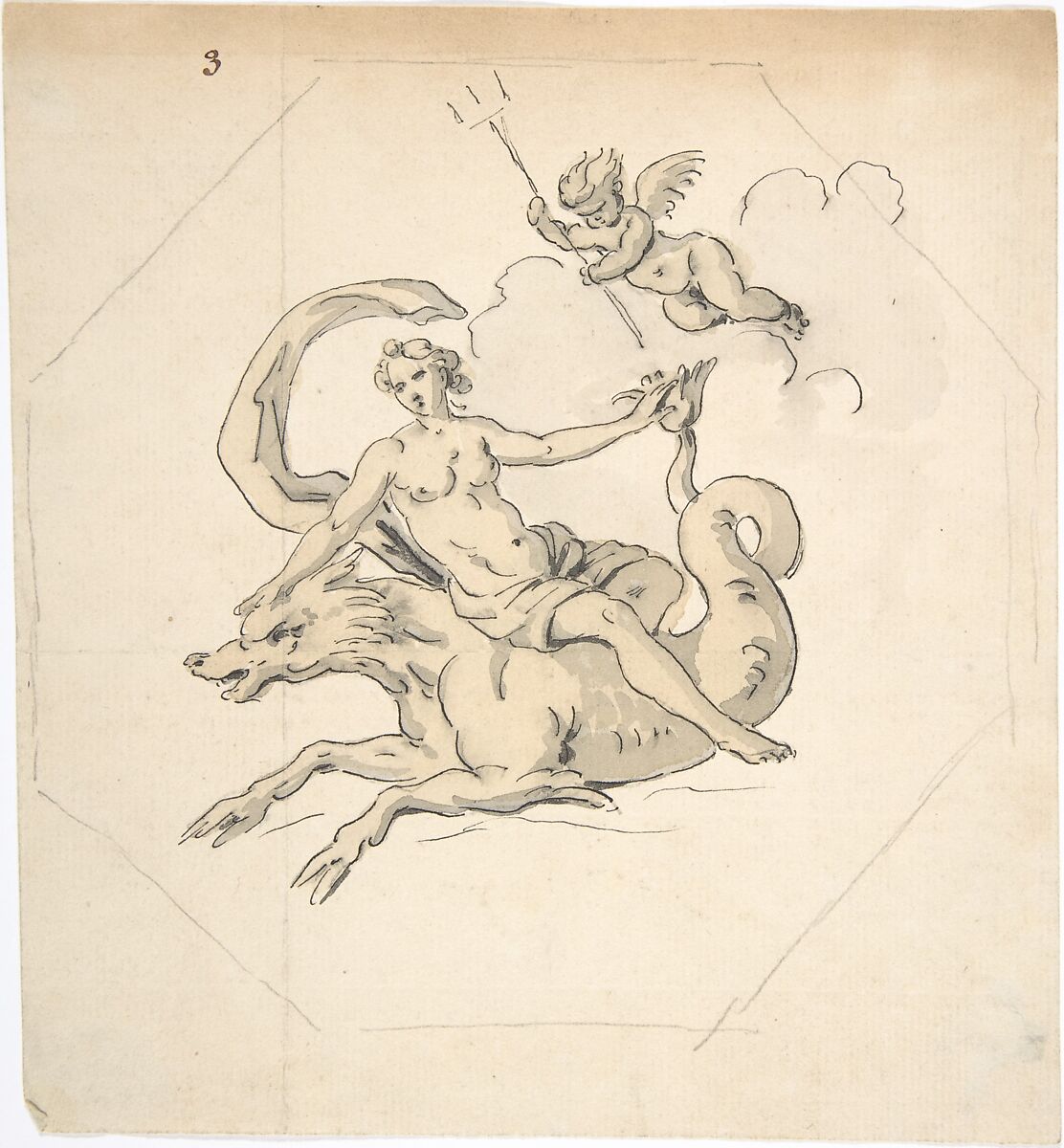 Ceiling Design of a Nereid Mounted on a Hippocamp with Putto, Anonymous, French, 18th century, Graphite, pen and black ink, brush and brown and gray wash; framing lines in graphite 