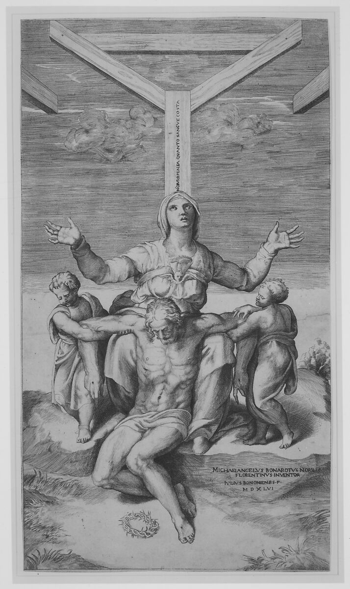 Pietà with Angels in front of the Cross, Giulio Bonasone (Italian, active Rome and Bologna, 1531–after 1576), Engraving