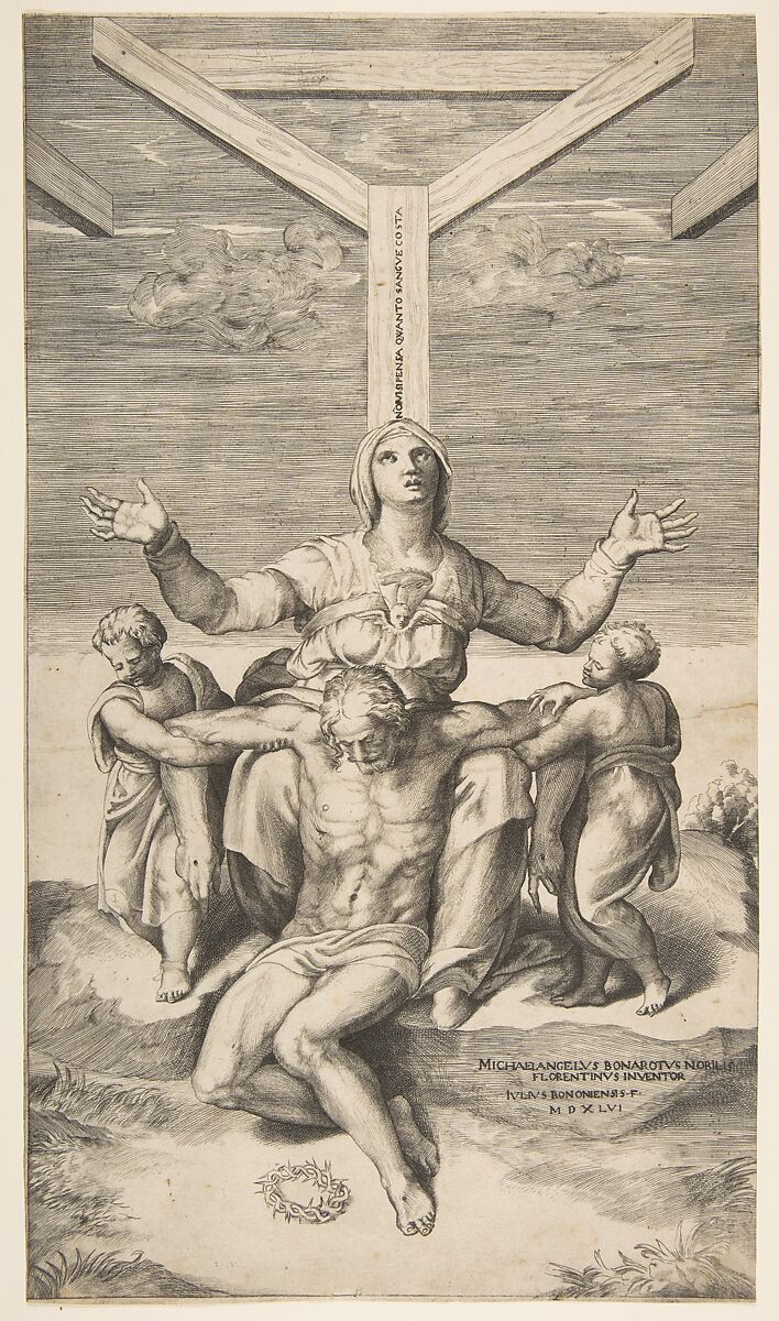 Pietà with Angels in front of the Cross, Giulio Bonasone  Italian, Engraving