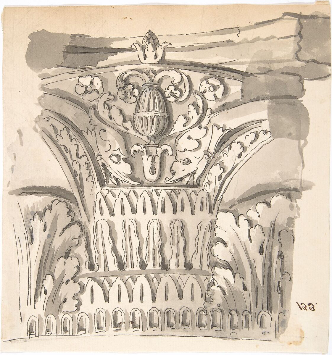 Fragment of a Capital, Anonymous, French, 18th century, Pen and black ink, brush and gray wash 