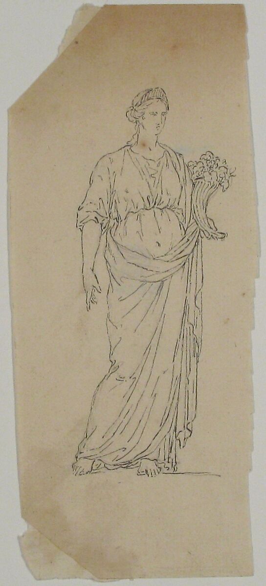 Drawing of Female Statue with Cornucopia, Anonymous, French, 18th century, Graphite, pen and black ink