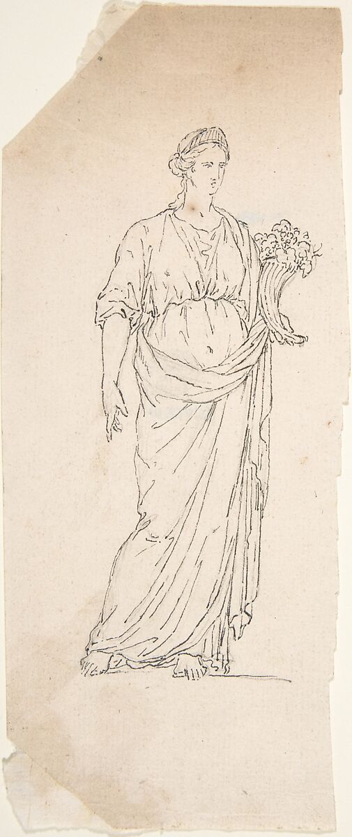 Drawing of Female Statue with Cornucopia, Anonymous, French, 18th century, Graphite, pen and black ink 
