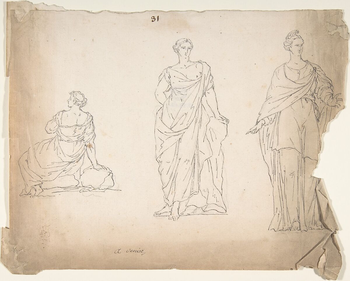 Studies of Female Statues, Anonymous, French, 18th century, Graphite, pen and black ink