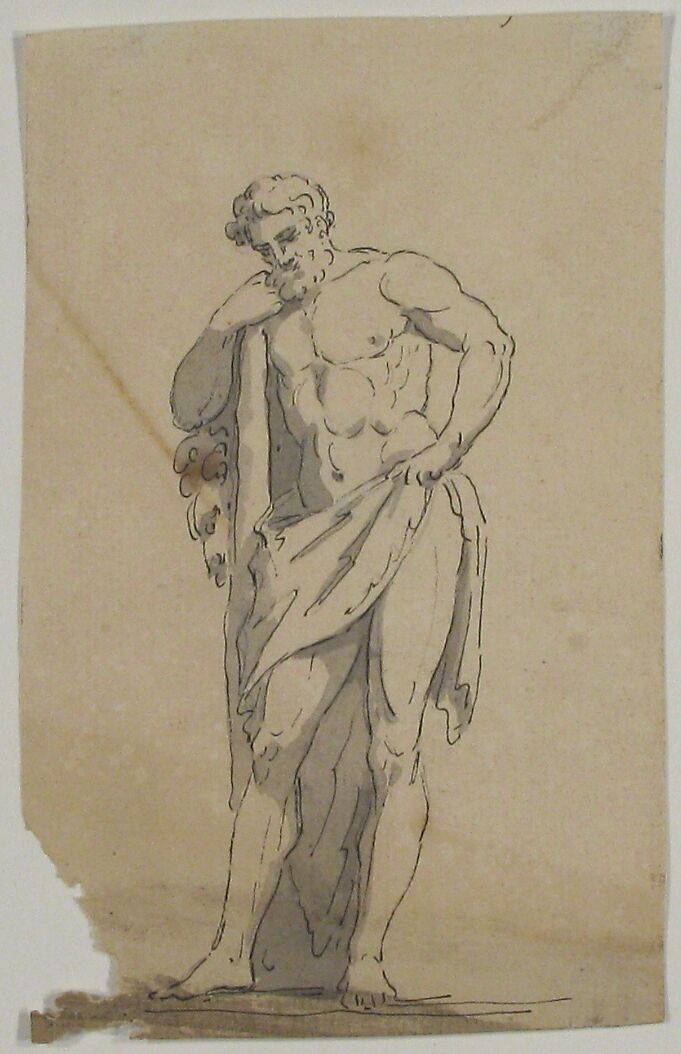 Drawing after Male Statue Leaning on Tree Trunk, Anonymous, French, 18th century, Graphite, pen and black ink, brush and gray wash