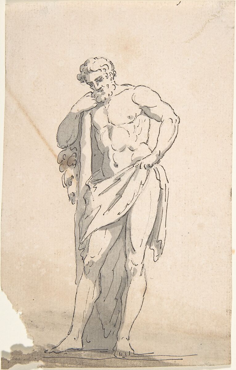 Drawing after Male Statue Leaning on Tree Trunk, Anonymous, French, 18th century, Graphite, pen and black ink, brush and gray wash 