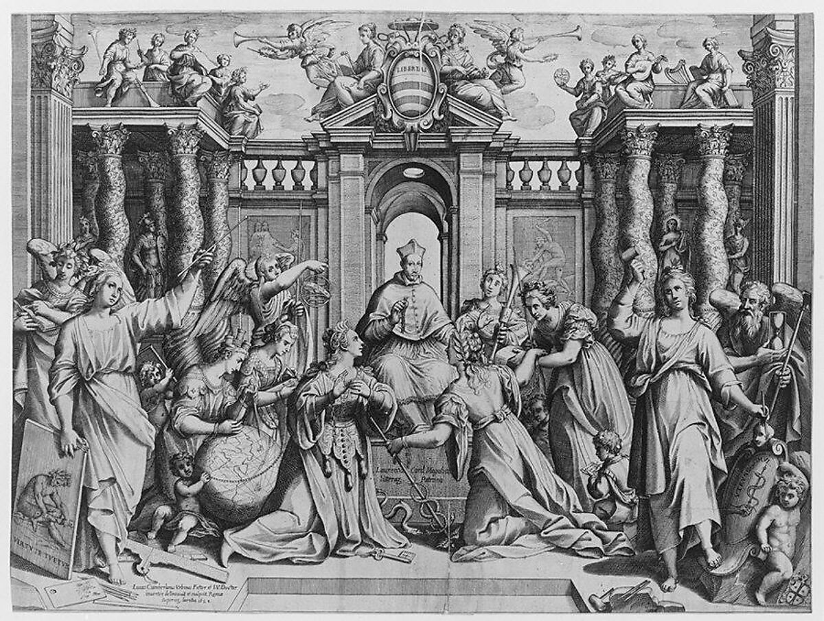 Cardinal Lorenzo Magalotti receiving homage of arts and sciences, Luca Ciamberlano (Italian, active Rome, 1599–1641), Engraving 