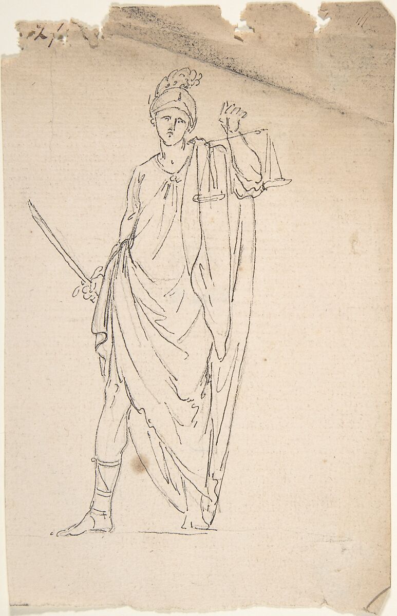 Drawing of Female Statue with Sword and Scale, Anonymous, French, 18th century, Graphite, pen and black ink 