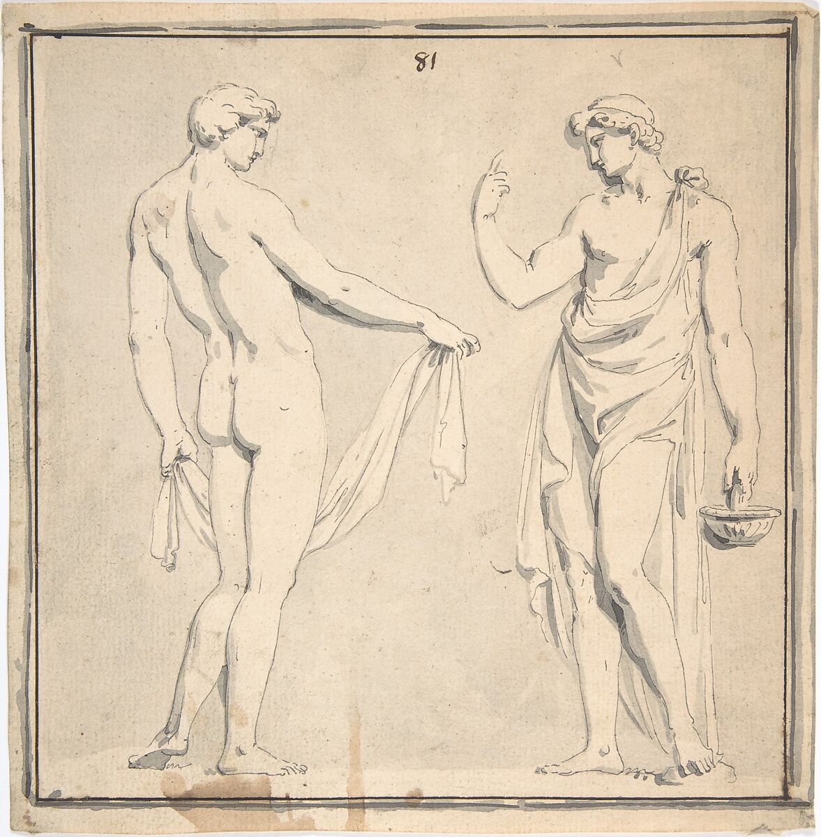 Two Male Figures, one holding a basket, Anonymous, French, 18th century, Graphite, pen and black ink, brush and gray wash; framing lines in brush and gray wash and pen and brown ink 