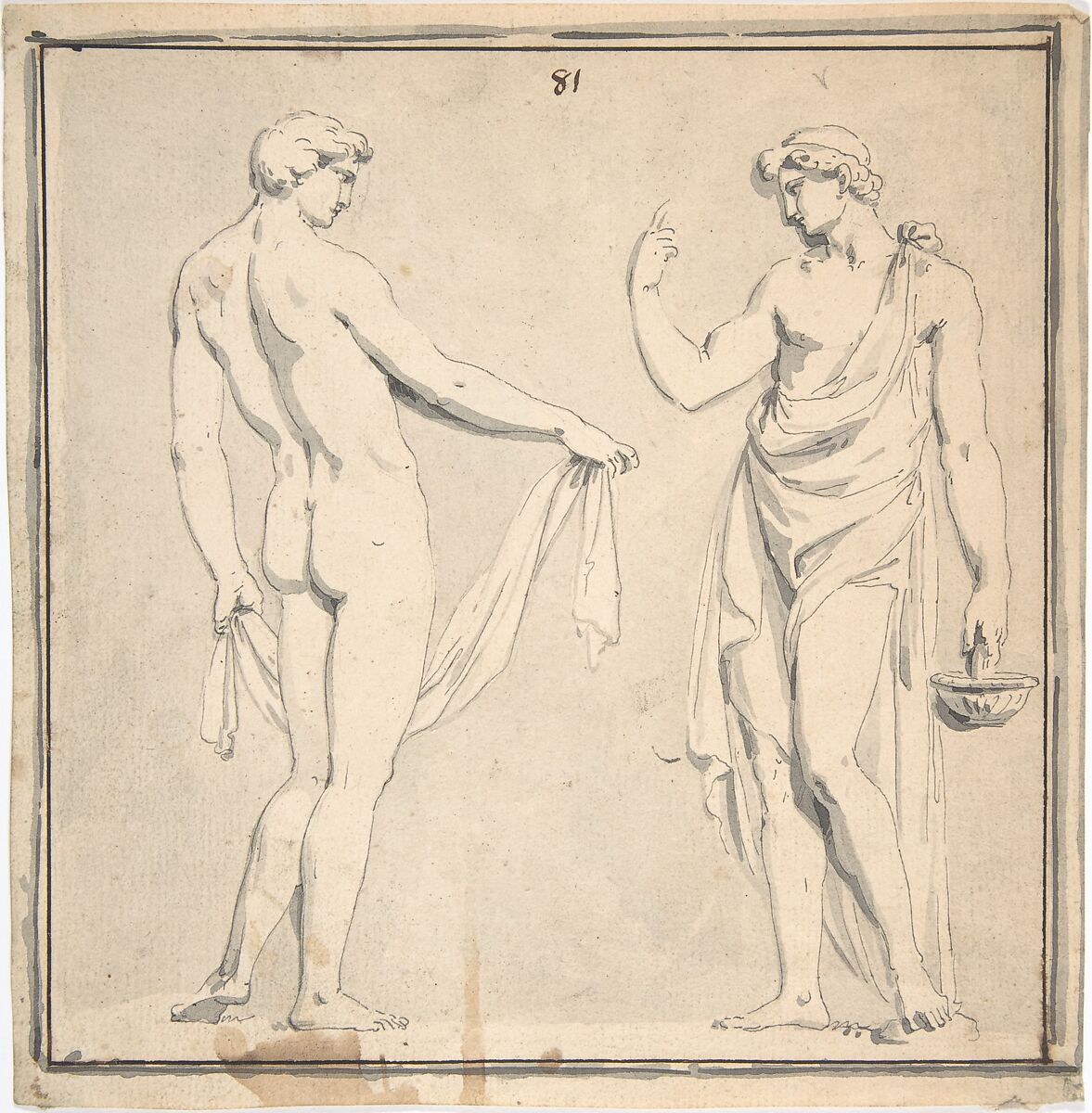 Two Male Figures, one holding a basket, Anonymous, French, 18th century, Graphite, pen and black ink, brush and gray wash; framing lines in brush and gray wash and pen and brown ink