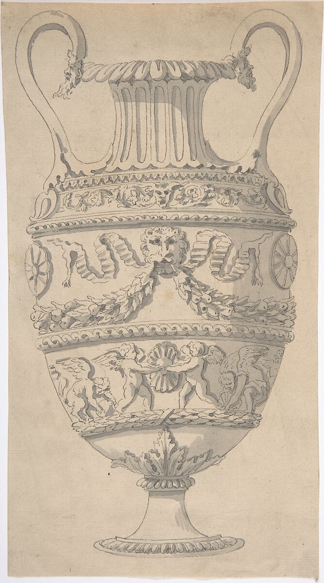 Drawing of an Urn, Anonymous, French, 18th century, Graphite, pen and black ink, brush and gray wash 