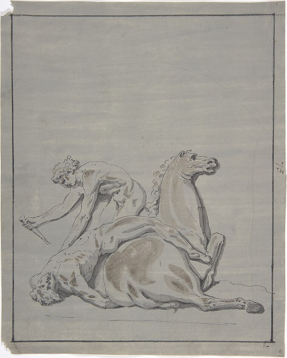 Battle Scene, Anonymous, French, 18th century, Pen and black ink, brush and brown and gray wash on paper prepared blue. 