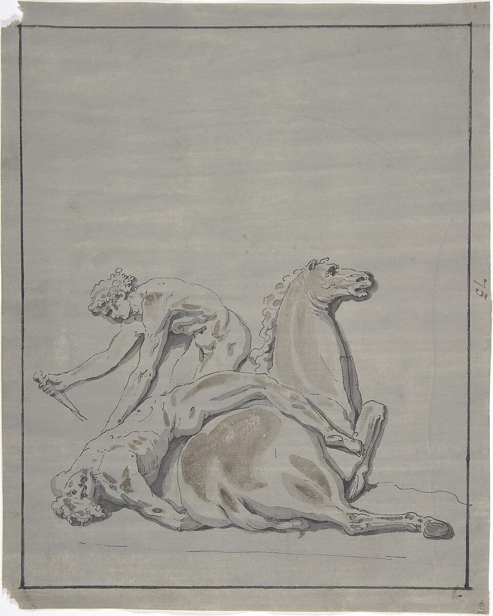 Battle Scene, Anonymous, French, 18th century, Pen and black ink, brush and brown and gray wash on paper prepared blue 