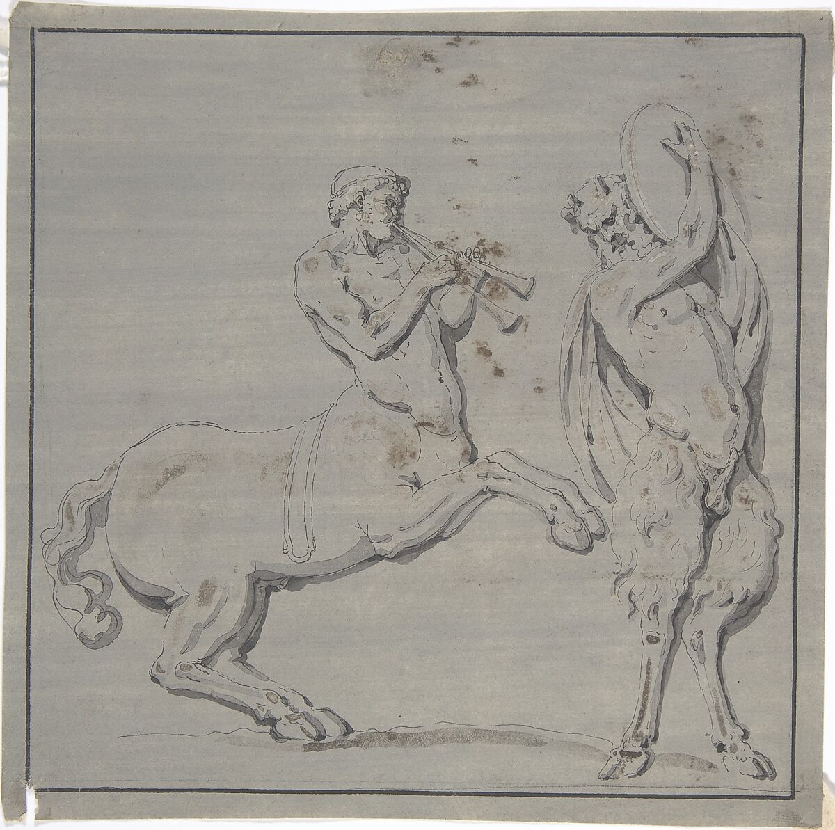 Bacchic Scene of Centaur Playing Horns and Satyr with Drum, Anonymous, French, 18th century, Pen and black ink, brush and brown and gray wash on paper. 