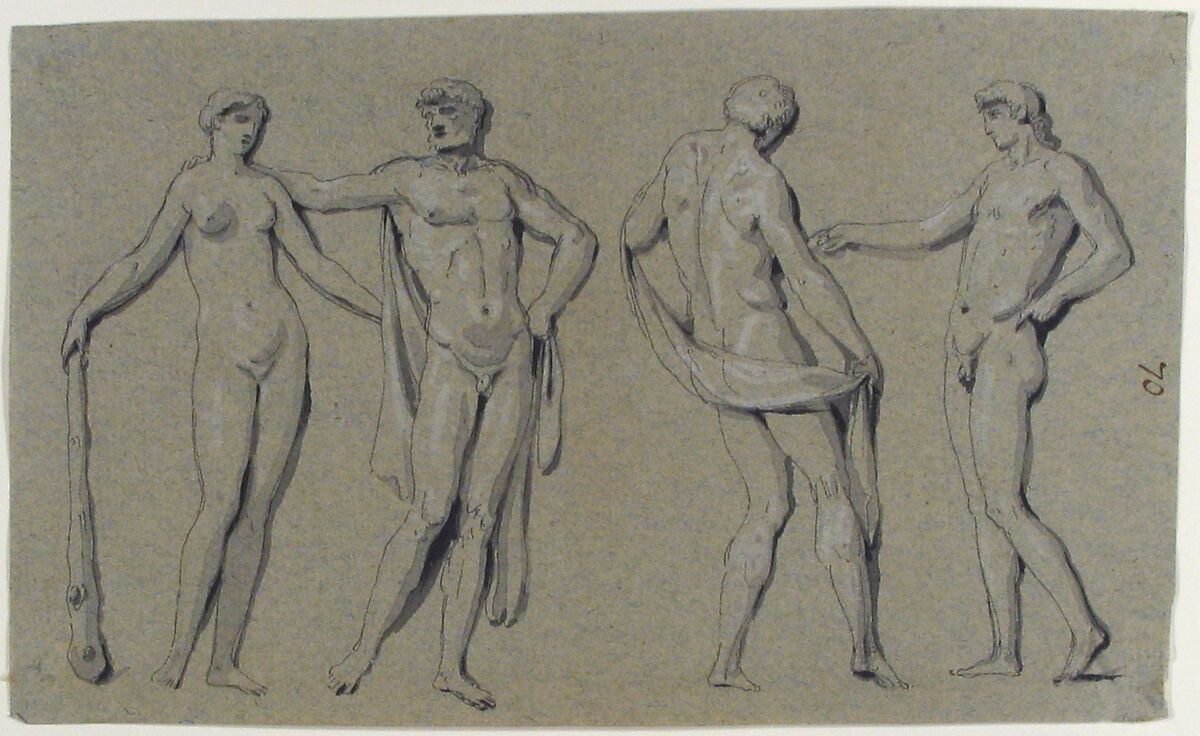 Group of Nude Figures, Anonymous, French, 18th century, Pen and black ink, brush and black wash, heightened with white, on blue paper 