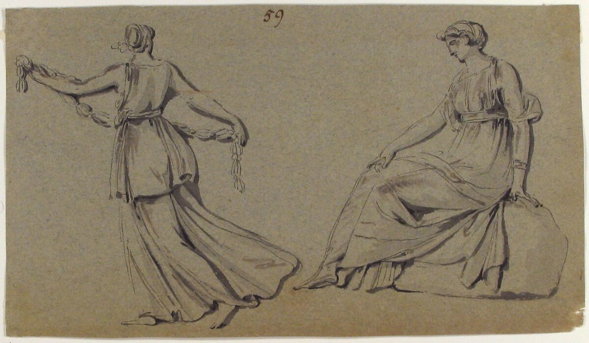 Scene of Dancing Maiden and Seated Woman, Anonymous, French, 18th century, Pen and black ink, brush and gray wash on blue paper 