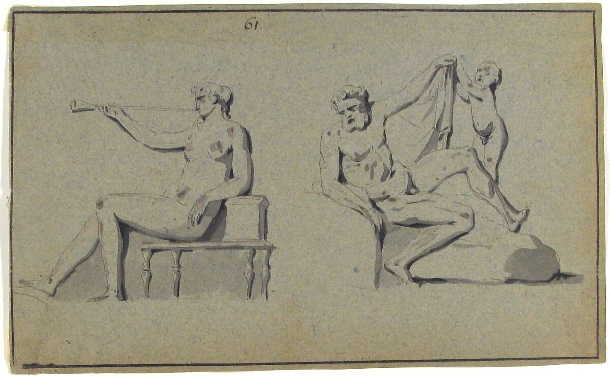 Seated Nude Female with Horn and Seated Nude Male with Cupid, Anonymous, French, 18th century, Pen and black ink, brush and gray wash on blue paper.  Framing lines in pen and black ink. 
