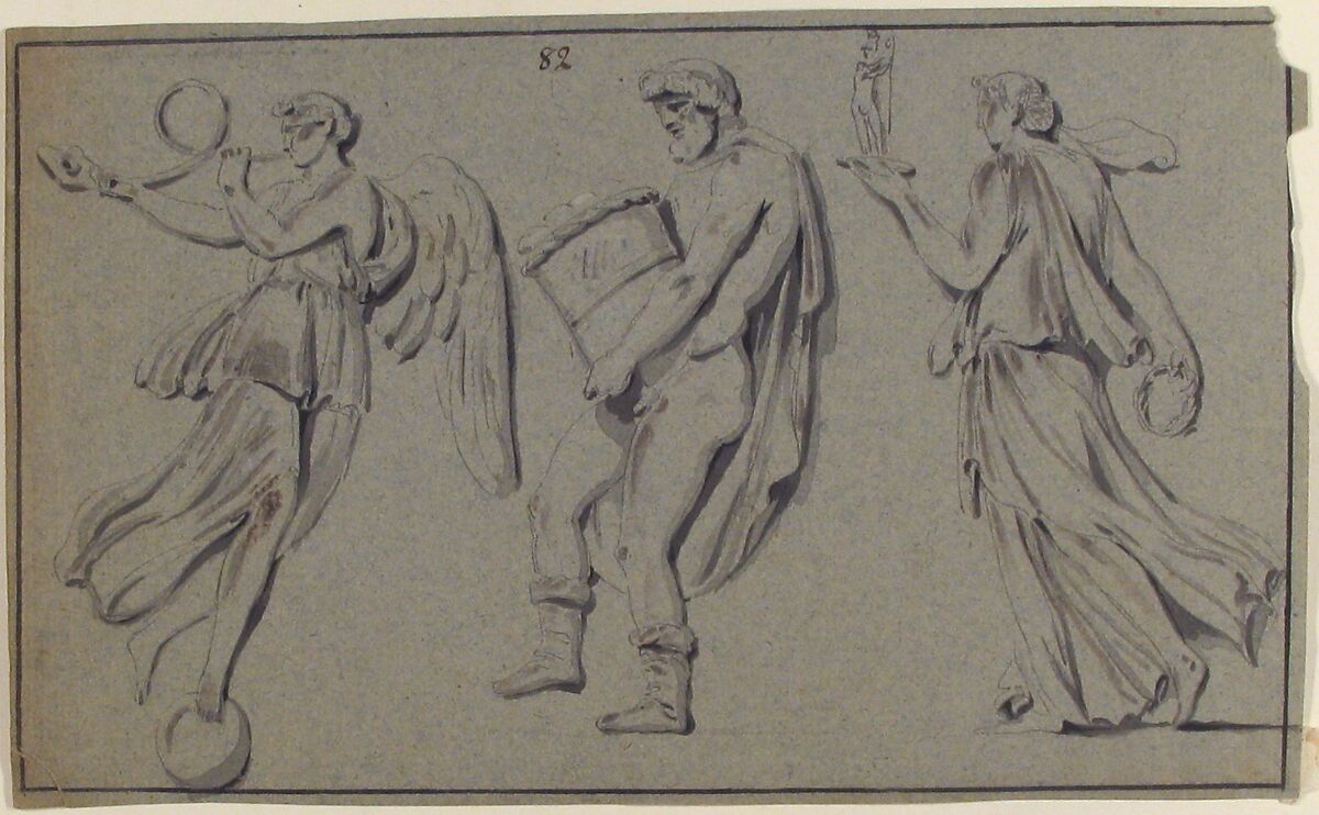 Figures in Procession, Anonymous, French, 18th century, Pen and black ink, brush and gray wash on blue paper; framing lines in pen and black ink 