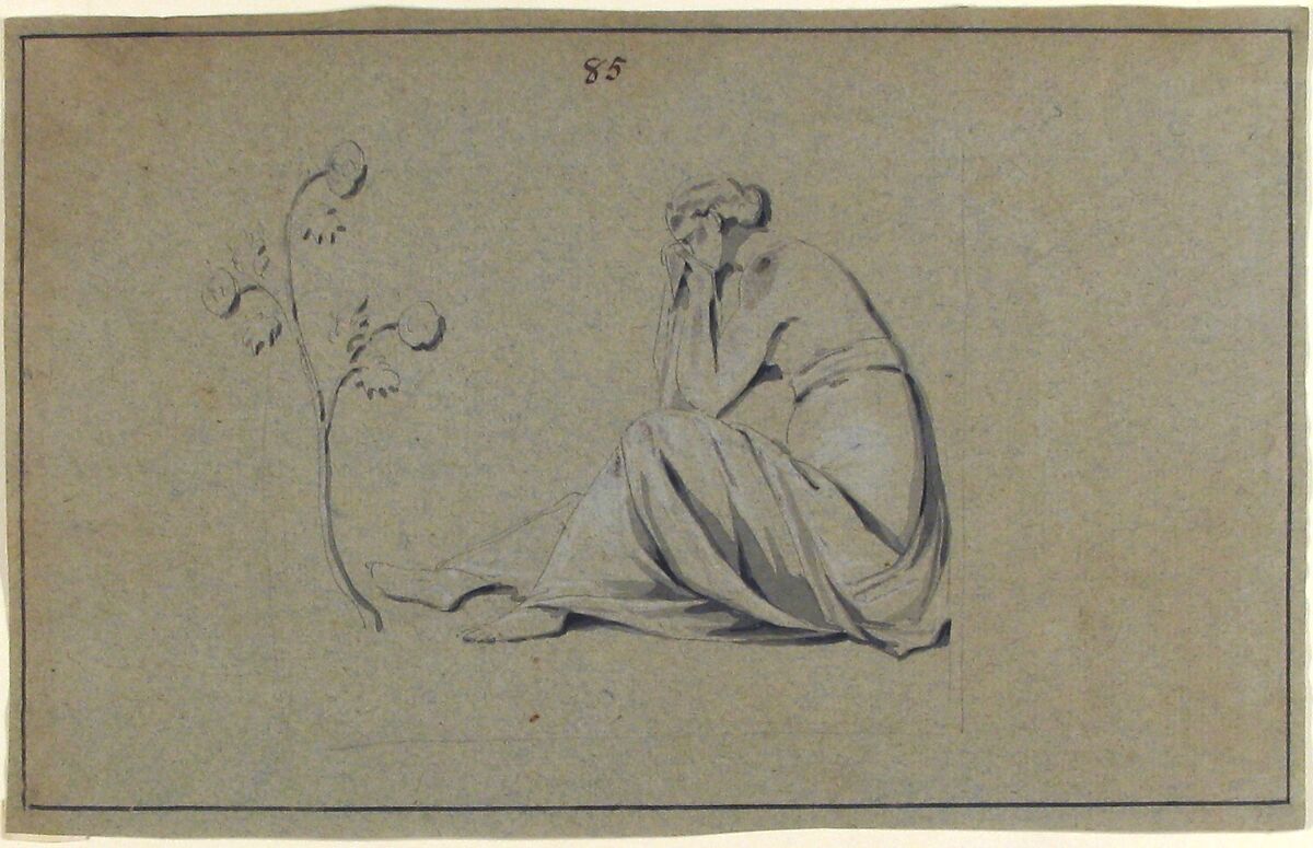 Seated Woman Weeping infront of Flowers, Anonymous, French, 18th century, Pen and black ink, brush and gray wash, heightened with white on blue paper.  Framing lines in pen and black ink 