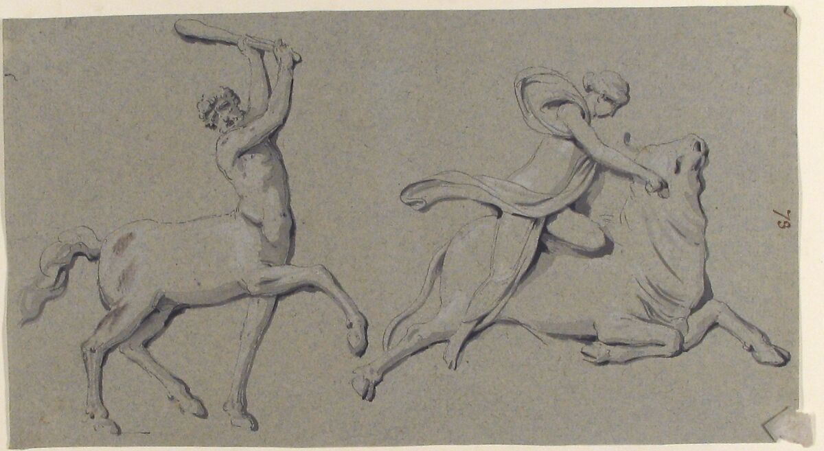 Centaur with Club and Maiden on Bull, Anonymous, French, 18th century, Pen and black ink, brush and gray wash, heightened with white on blue paper 
