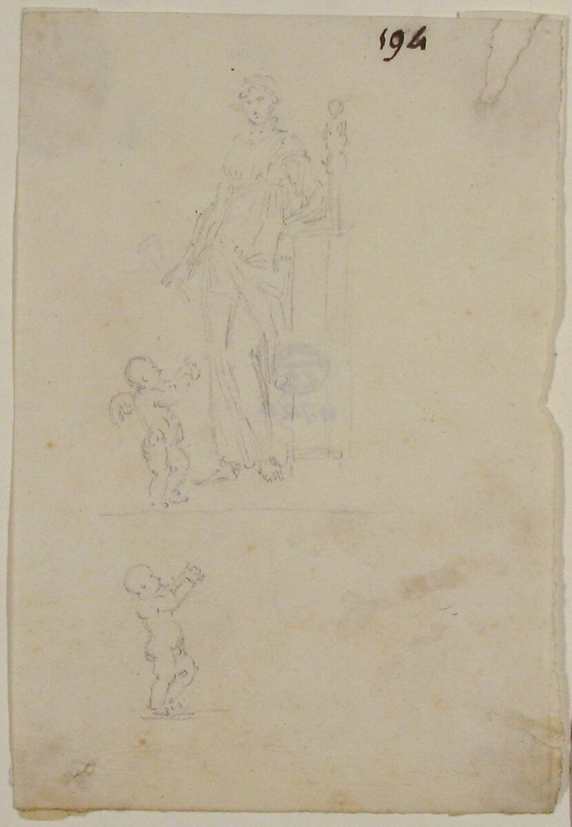 Standing Female Figure with Cupid; Figure of Cupid, Anonymous, French, 18th century, Graphite 