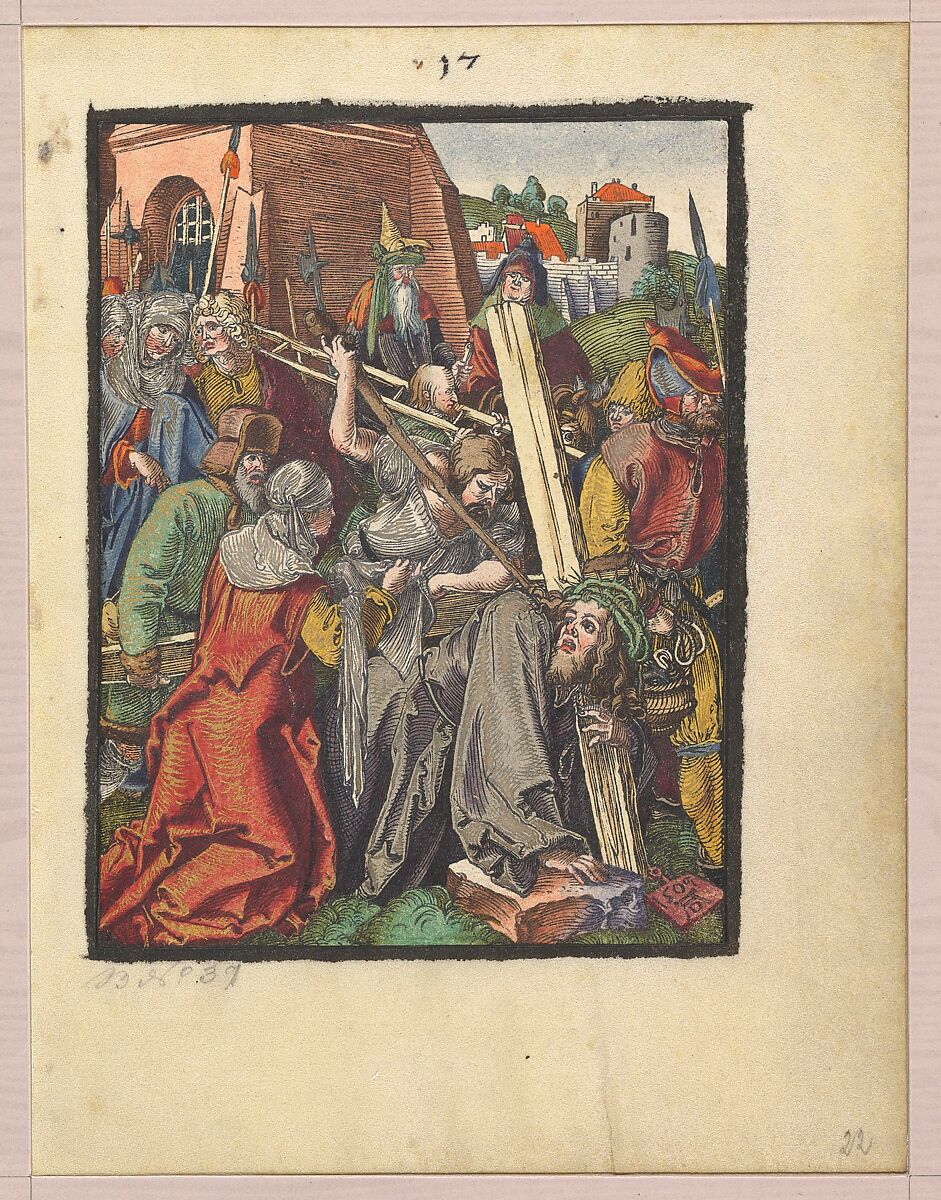 The Bearing of the Cross, from "The Small Woodcut Passion", Albrecht Dürer (German, Nuremberg 1471–1528 Nuremberg), Hand-colored woodcut 