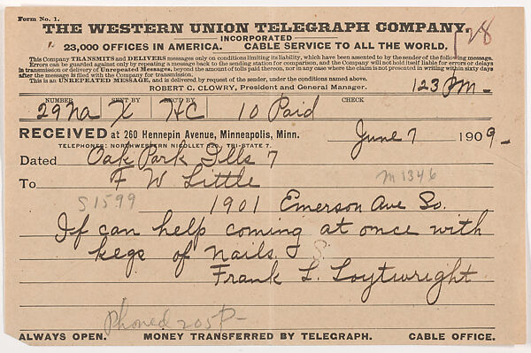 Telegram: Frank Lloyd Wright to Francis W. Little, 7 June 1909, Written by Frank Lloyd Wright (American, Richland Center, Wisconsin 1867–1959 Phoenix, Arizona), Black ink and graphite on Western UnionTelegram form 