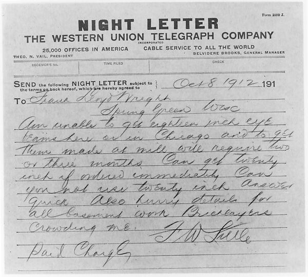 Night Letter: Francis W. Little to Frank Lloyd Wright, 8 October 1912 (copy), Written by Frank Lloyd Wright (American, Richland Center, Wisconsin 1867–1959 Phoenix, Arizona), Graphite on Western Union Night Letter form; verso advertisement for Western Union 