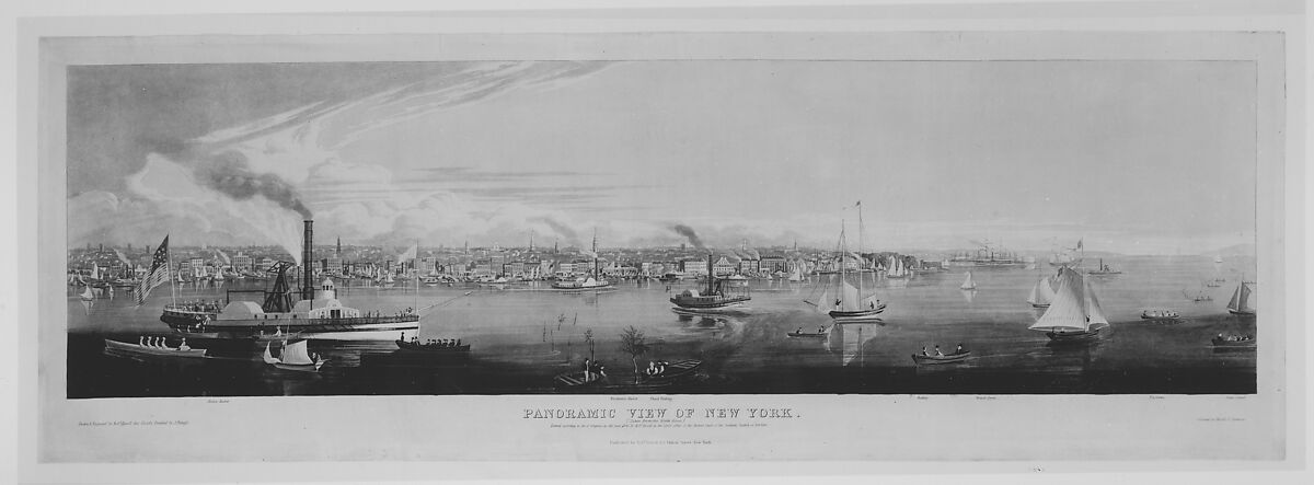 Panoramic View of New York Taken from the North River, Drawn and etched  by Robert Havell Jr. (American (born England), Reading 1793–1878 Tarrytown, New York), Hand-colored etching and aquatint; first state of two 