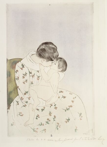 Mother's Kiss, Mary Cassatt (American, Pittsburgh, Pennsylvania 1844–1926 Le Mesnil-Théribus, Oise), Drypoint and aquatint, printed in color from two plates; fifth state of five (Mathews & Shapiro)